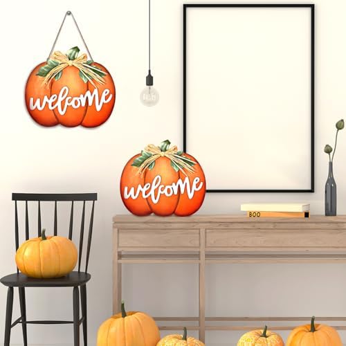 Jetec Fall Door Decor, Wooden Fall Pumpkin Welcome Sign Hanger, Orange
