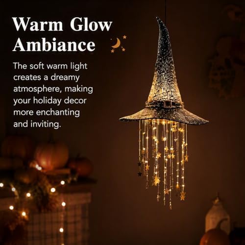 Lighted Witch Hat Hanging Chime, Spooky Witch Hat Lamp with Cascading Stars