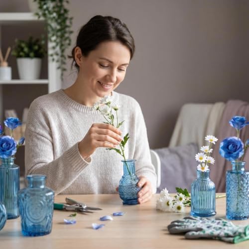Mini Bud Vases As Wedding Centerpieces for Tables,Clear Bud Vases for Flowers,Small Flower Vases Suitable for Birthday Party,Anniversary,Wedding Reception,Baby Shower (Blue, 12PCS)