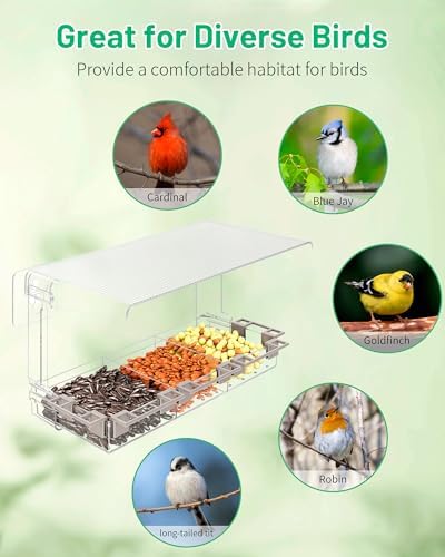 Clear Window Bird Feeder Outdoors - Bird Feeder for Viewing with 5 Perching Stands, Wavy roof, Self-Adhesive Hooks, Drain Holes and Removable Tray, as a Birdhouse, Garden Decor