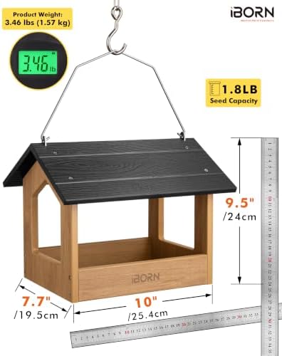 iBorn Pavilion Bird Feeder, Covered Platform Bird Feeder for Outdoors Hanging, WPC Recycled Plastic & Waterproof, Black
