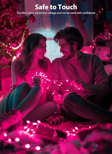 Pink Christmas Mini Lights, 39Feet 100 LED Pink String Light with 8 Lighting Modes, Connectable Valentine's Lights for Indoor Outdoor Valentine's Day Garland Wreath Holiday Decoration, White Wire