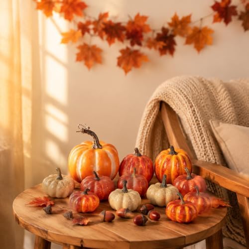 18Pcs Stacked Mini Faux Artificial Foam Pumpkins for Fall Autumn Decorations, Thanksgiving Halloween Table Decorating