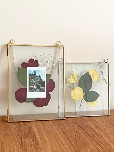 Glass Frame for Pressed Flowers, Leaf and Artwork - Hanging Square Metal Picture Frames, Clear Double Glass Floating Frame, Wall Decor Photo Display, Set of 2 Flower Press Frames with Chain (Silver, 6x6)