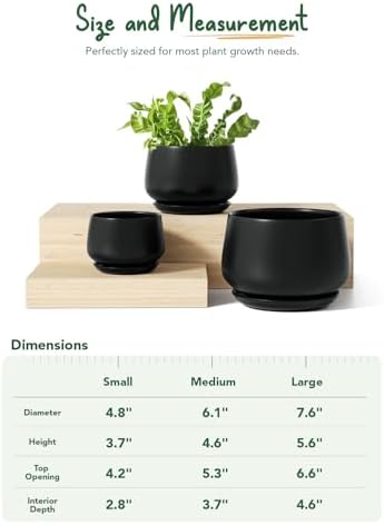 LE TAUCI Plant Pots, 4.1+5.1+6.5 inch, Set of 3, Black, Indoor Pot