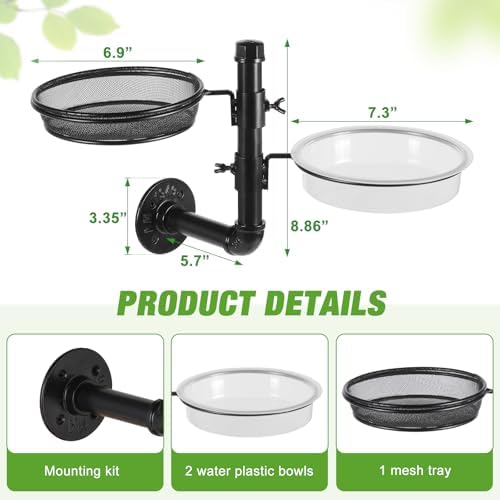 Urban Deco Wall Mounted Bird Feeder With Detachable Tray and 2 Water Bowls for Balcony, Yard, Fence, and Tree - Black