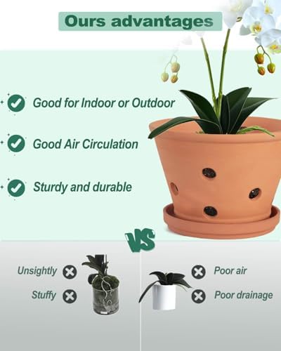 vensovo 6 Inch Terracotta Orchid Pots with Holes and Saucers - 3 Pack Clay Orchid Planter Pots for Repotting, Breathable Flower Pots for Indoor Outdoor, Promotes Air Circulation & Healthy Roots