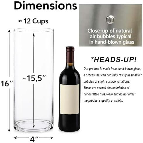 CYS Excel (H:16” D:4”) Tall Clear Glass Cylinder Vase | Multiple Size Choices Glass Flower Vase Centerpieces | Tall Hurricane Floating Candle Holder