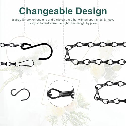 6PCS Hanging Chains with S Hooks, 24.2IN Long Chains with Clips, Adjustable Black Metal Chains Hanger for Plant, Sign, Bird Feeder, Wind Chime