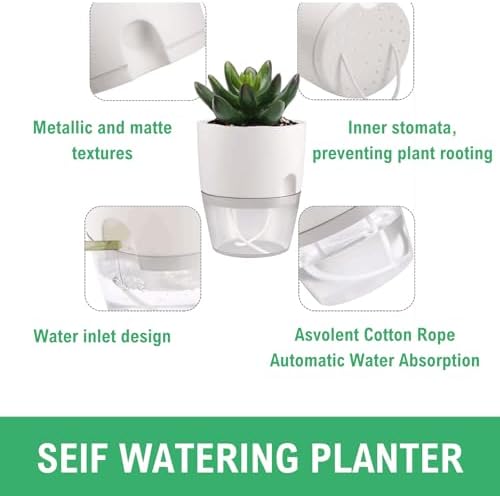 6/4/3Inch Watering Planters 4 Pack Plastic Wicking Pots White
