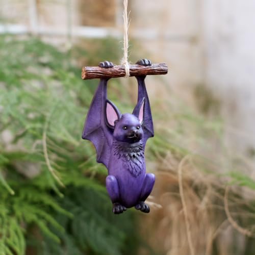 Hanging Bat Garden Statue Outdoor Halloween Decor, 3.94 Inch Cute Bat Figurine Resin Sculpture Funny Tree Ornaments for Patio Lawn Yard