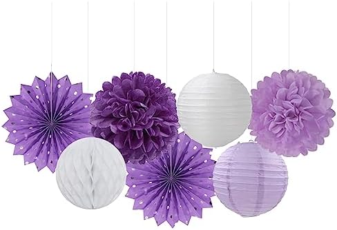 Purple-White Lavender Party Decorations Streamers - 14pcs Women Girl Birthday Paper Lanterns Fan,Tissue Pom Poms,Baby Bridal Shower Wedding Engagement Bachelorette Graduation Decor Lasting Surprise