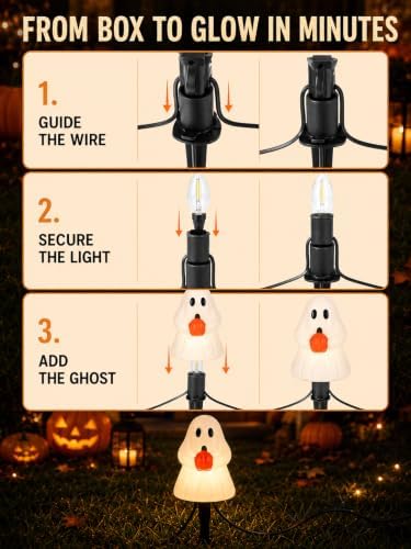 10.5FT Halloween Ghost Pathway Lights, 5 PK Plug in LED Ghost Stake Lights