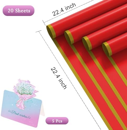 REAXYZNN 20 Sheets Flower Wrapping Paper, Waterproof Floral Wrapping Paper, Florist Supplies Packaging Paper for Wedding, Birthday Gift (Red(Edge))
