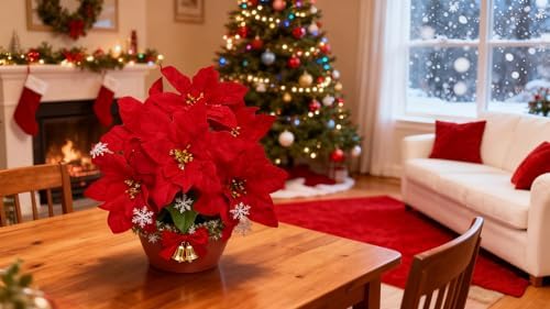 5 Pack Artificial Poinsettia Flowers Christmas Decorations - 13.8" Velvet Red Poinsettia Stems with 35 Flowers, Holiday Bouquet,Poinsettia Flowers Artificial,Treeporch, Patio, Indoor