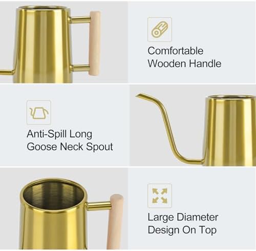Watering Can Indoor Plants, 35 oz/1000 ml Metal Stainless Steel Watering Can Pot with Long Spout for Indoor House Plants Bonsai Outdoor Garden Flower Decorative (Gold)