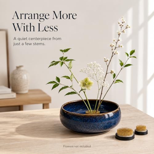Ceramic Ikebana Vase Set - 6.5" Blue Pottery Flower Bowl Kit