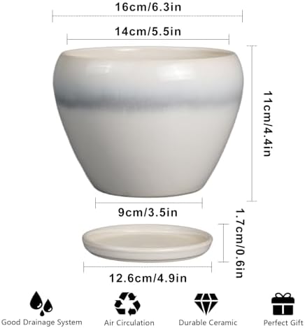 Ceramicfor Planter Pot 6 Inch - Ceramic Plant Pot with Drainage Hole and Saucer, Round Glaze Succulent Pot for Plants, White