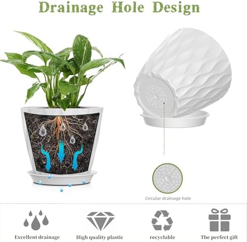 5 Inch Planter Pots, 6 Pack Indoor Planters, Small Flower Pots with Drainage Holes and Tray for Succulents, Orchids, Herbs and Other Indoor Plants (White, 5inch)