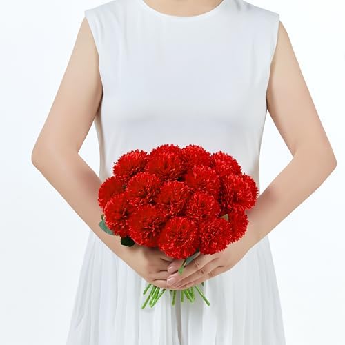 SITUMEIZI 12 Pcs Red Flowers Artificial Chrysanthemums, Fake Mums