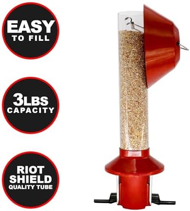 Roamwild PestOff Red Squirrel Proof Cardinal Bird Feeder Mixed Seed Sunflower Heart Version - RED - 3LBS Seed Capacity – 20.5”x7.5”x7.5” (w/Hanger)