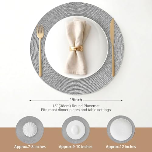 FunWheat Round Braided Placemats Set of 4 Table Mats for Dining Tables Woven Washable Non-Slip Place mats 15inch (Grey, 4pcs)