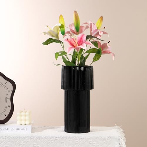 Black Glass Vase, 12 Inches Tall Vase for Flowers, Large Flower Vases for Bouquet, Modern Black Glass Vases for Living Room, Dining Table, Office, Entryway, Mantle, Shelf, Wedding Gifts