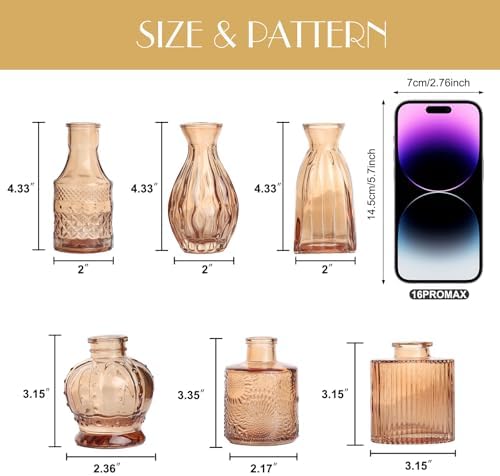 Petal Petite Small Amber Glass Bud Vase Set of 6 for Wedding Centerpieces