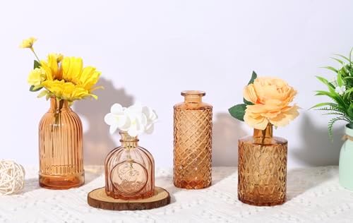 CUCUMI 12pcs Bud Vases for Centerpieces, Amber Gold Glass Vase Set