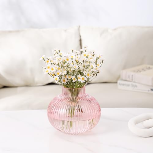 Pink Glass Vase for Tulips, Ribbed Glass Vase for Flowers, Round Flower Vases, Small Short Vases for Living Room, Office, Coffee Table, Shelf, Wedding, 6 Inches
