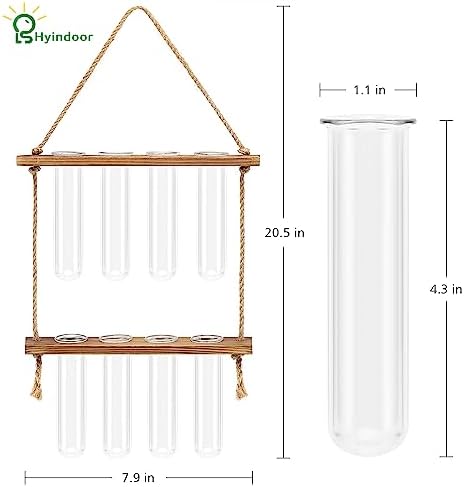 Hyindoor Wall Hanging Planter Terrarium 2 Tired Test Tube Vase Glass Planter Plant Propagation Station Plant Hangers of Rope with Wooden Stand and 8 Tubes for Hydroponic Plant Cutting
