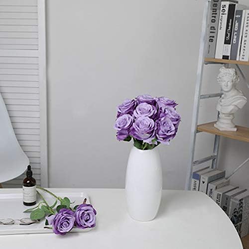 10pcs light Purple Roses Artificial Flowers, Realistic Faux Rose with Stem