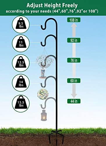 Adjustable Outdoor Shepherd Hook Stand with 5 Prong Base, 108 Inches Tall 3/5 in Thick, Shiny Black (1 Packs)