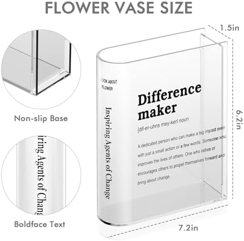 BuyCard Clear Acrylic Book Vase for Flowers, Transparent Flower Vase for Home Decor, Simplicity Bookshelf Decor, Unique Stuff for Book Lovers, Difference Maker, Gift to Motivate(Clear)