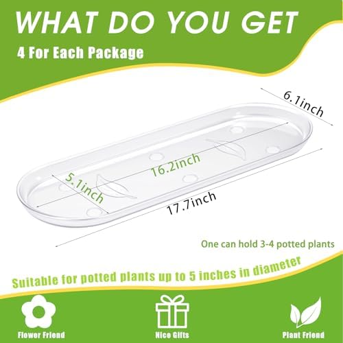 4 Pcs 17.7 x 6.1 Inch Plant Trays, Plastic Saucers for Window Sills, Clear