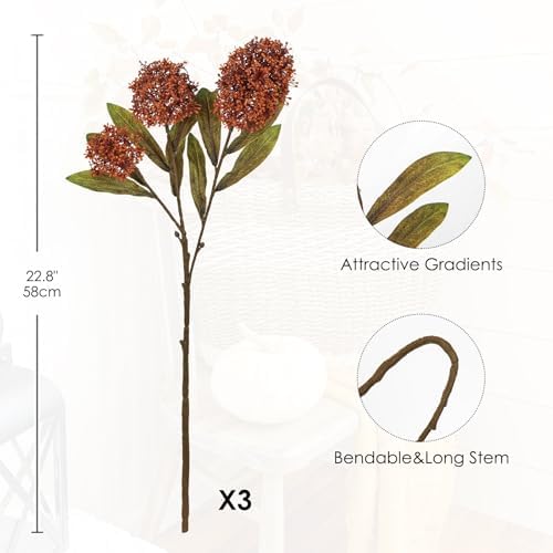 Briful 3PCS Faux Fall Flowers 22.8in Burnt Orange Skimmia Spray Artificial Flower Branches Fake Fall Skimmia Stems for Autumn Home Vase Floral Arrangement Wedding Party Decor