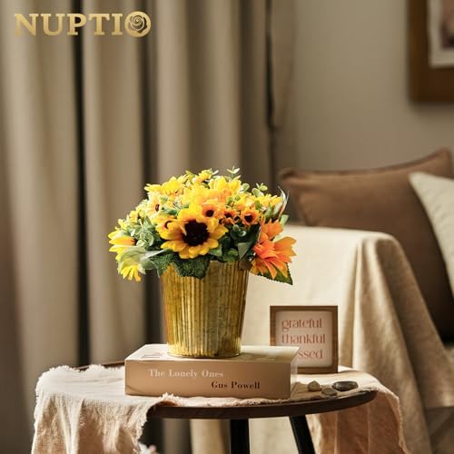 NUPTIO Gold Galvanized Vases for Centerpiece, 5" Small Ribbed Vase, 12 Pcs