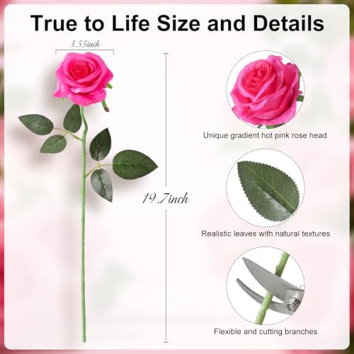 Nubry Artificial Silk Roses, 10pcs Lifelike Hot Pink Fake Rose