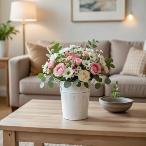 Hosley Set of 2 White Wash Finish Bucket/Pot Vase with PVC Liner, 5" Dia x 7" H Ideal Gift for Floral Arrangements Wedding Home Office Party DIY Indoor Outdoor Garden Patio (Pack of 2)