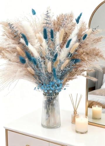 Real Blue Boho Decor Pampas Grass and Babys Breath, Eucalyptus Bouquet