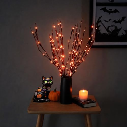 AMARS 2 Pack Halloween Lighted Branches Lights Decorations, Battery Operated, Twig Willow Decorative Orange Red LED Branch for Vase, Indoor, Fireplace, Porch, Party