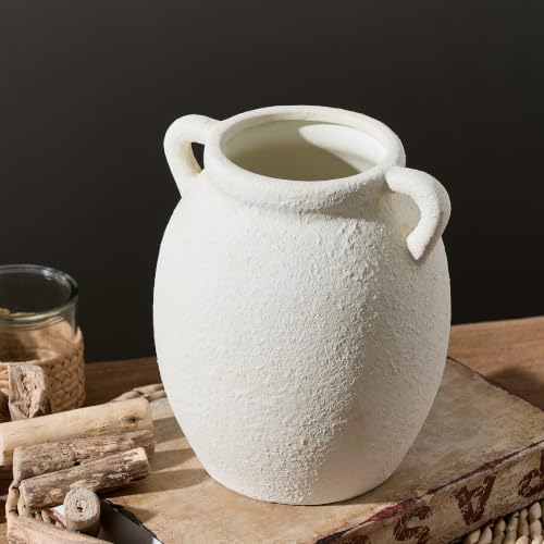 Dobbyby Ceramic Flower Vase 7.6 inch Farmhouse Rustic Vase Decorative Pottery Terracotta Vases for Home Decor Table Mantle Fireplace Living Room Bathroom Wedding Centerpiece (White-Upgraded)