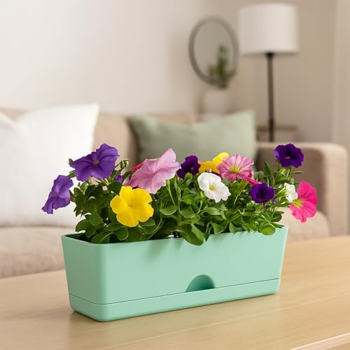 2-Pack Small Window Boxes Planters 16 Inch Rectangle Plant Box Rectangular Planter for Outdoor and Indoor Plants Plastic Windowsill Planter for Herbs Vegetable Flowers Long Window Sill Planters