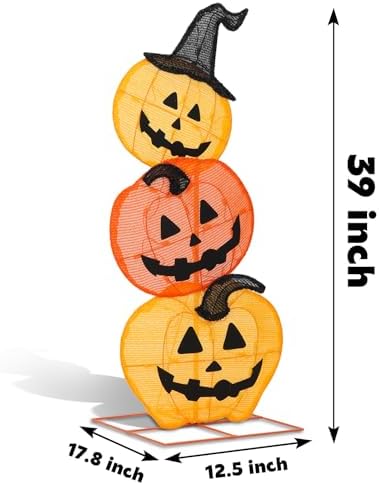Halloween Lighted Stacked Pumpkins Decoration, Pre-Lit with 50 Warm White Lights Jack-O-Lantern Pumpkins Lights, Halloween Light Up Pumpkin for Indoor, Outdoor, Porch, Yard, 39’’ H