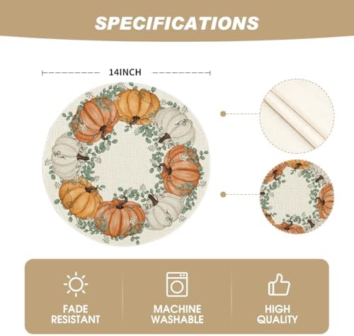 Artoid Mode Pumpkin Eucalyptus Round Fall Placemats Set of 4-14 Inch
