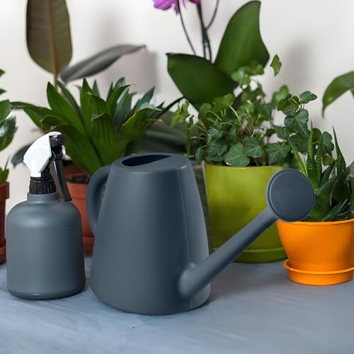 Plastic Watering Can - for Indoor and Outdoor House Plant Garden - with Long Spout - 1/2 Gallon - Grey