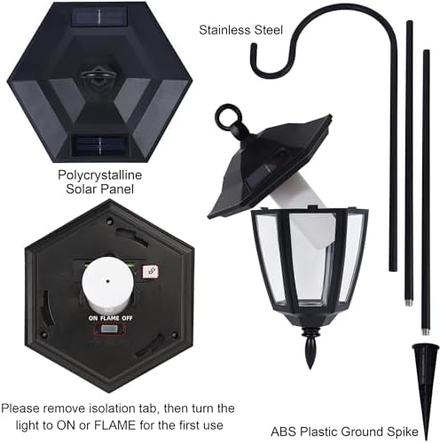 Dynaming 4 Pack Solar Flame Hanging Lights Outdoor, Halloween Solar Flickering Flame LED Garden Lanterns with 4 x 38 Inch Shepherd Hooks, Christmas Lighting for Lawn Patio Yard Pathway Driveway