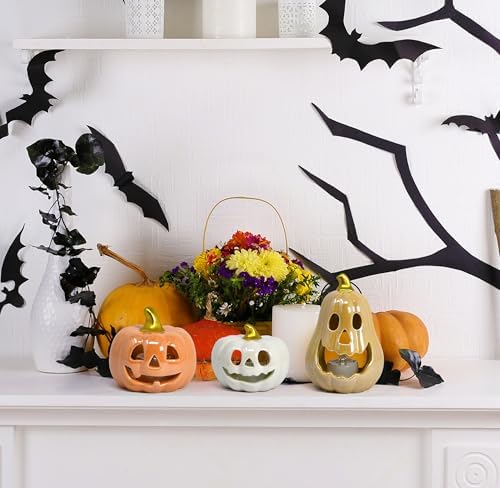Halloween Ceramic Pumpkin Tea Light Holder Set of 3 Jack O Lanterns