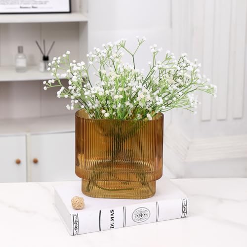 Ribbed Glass Vase, Amber Glass Vase, Fluted Short Vases for Flowers, Modern Vases for Living Room, Dining Room, Bathroom, Desk, Shelf, Wedding, Office, 7 Inches