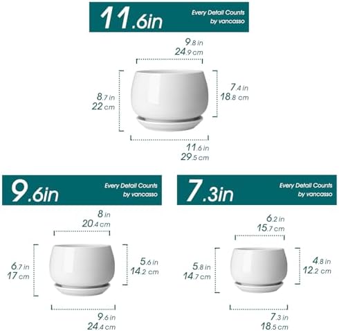 vancasso 3-Pack Ceramic Plant Pots, 7.3/9.6/11.6 Inch Indoor Planters with Saucers & Drainage Hole Planter pots for Indoor Plants and Flower, White